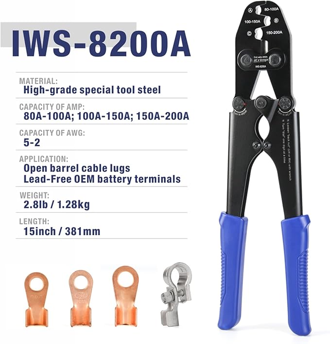iCrimp IWS-8200A Battery Lugs and Open Barrel Connectors Crimping Tools works with Wire AWG 9-2
