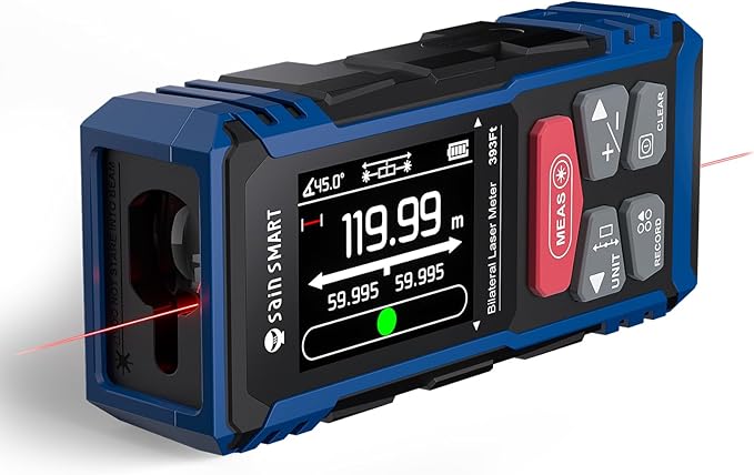 SainSmart Dual Laser Measuring Tool, 393Ft/120M Red Bilateral Distance Meter with Backlit LCD, Rechargeable, Multi-Unit (Ft/in/M), Electronic Level, Length/Area/Volume/Angle Sensor/PC Data Transfer