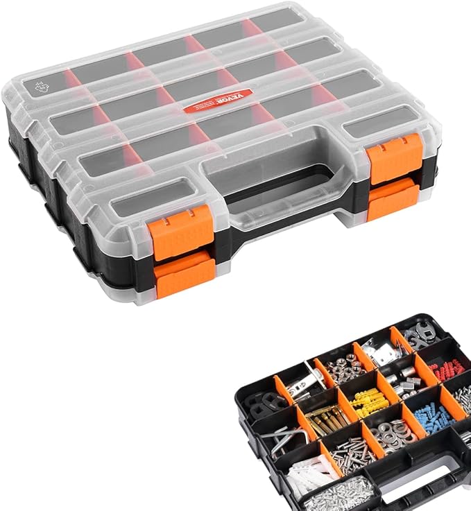 VEVOR Small Parts Organizer, 34-Compartment Double Side Tools Organizer Box with 24 Removable Dividers, PP Hardware Storage Box with Safety Latch & Portable Handle for Nuts, Bolts, Screws, Nails