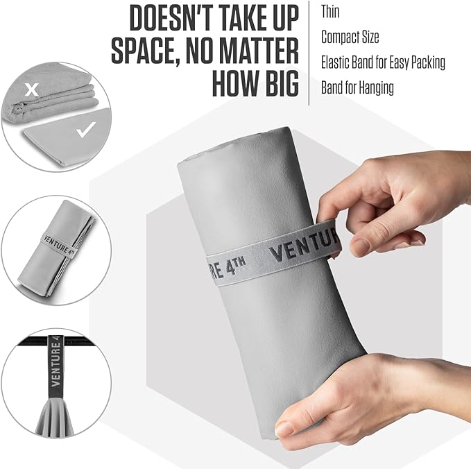 VENTURE 4TH Quick Dry Towel. Microfiber Travel Towel Ideal for Camping, Hiking, Backpacking, Gym. Lightweight & Fast Drying Travel Towels for Body. Compact & Easy to Pack - Light Gray Large
