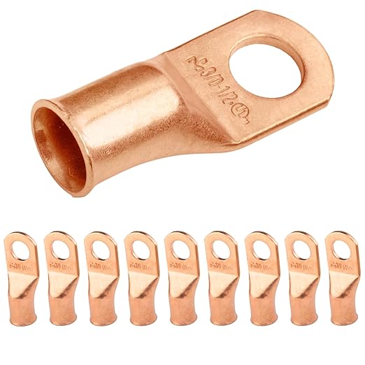 SELTERM 10pcs 3/0 AWG - 1/2" Stud - Battery Lugs, Heavy Duty Wire Lugs, Ring Terminals, Battery Cable Ends,000 Gauge Terminals, UL Bare Copper Eyelets Electrical Battery Terminal Connectors
