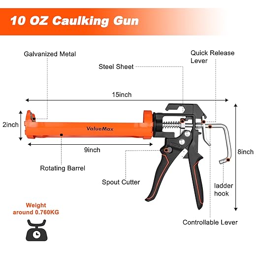 ValueMax Caulk Gun, 9 Inch Silicone Sealant Caulking Gun for Caulking/Filling/Sealing, Trigger Comfort Grip and Iron Smooth Rod, Ideal for Tiles, Window Joints, 8:1 Thrust Ratio