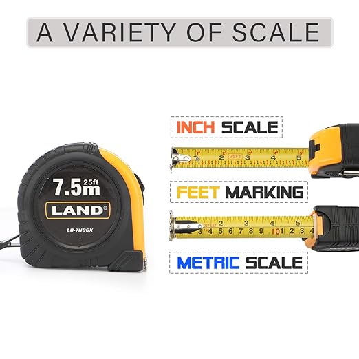 LAND 25Ft Retractable Measuring Tape - Heavy Duty Tape Measure, Inch/Metric Double Scale, Sturdy Matte Blade, Magnetic Hook for Measurement Alone, TPR Rubber Protective Case (25FT)