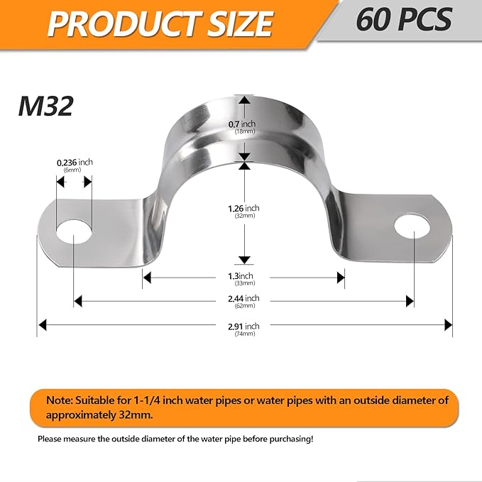 60PCS M32 Stainless Steel Rigid Pipe Strap for 1-1/4 Inch Hose OD, Rigid Pipe Strap, 2 Holes Cable U Bracket, Tube Strap Tension Clips, U-Tube Clamp