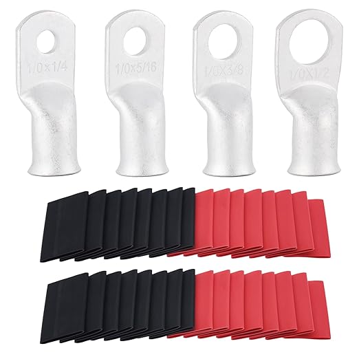 62PCS 1/0 AWG Tinned Ring Terminal Heat Shrink Tubing Set Copper Wire Lugs 0 Gauge 5/16", 3/8", 1/4", 1/2", 30Pcs Battery Cable Ends and 32PCS Heat Shrink Tubing