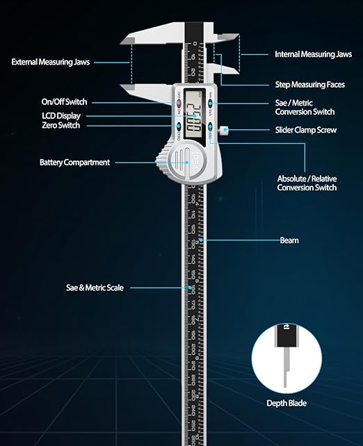 Digital Caliper 12 inch, (ABS) Absolute Scale Caliper, IP54 Caliper Measuring Tool, Inch/MM, Auto-Off LCD Stainless Steel Waterproof Micrometer Vernier Caliper, with Steel Ruler, Silver