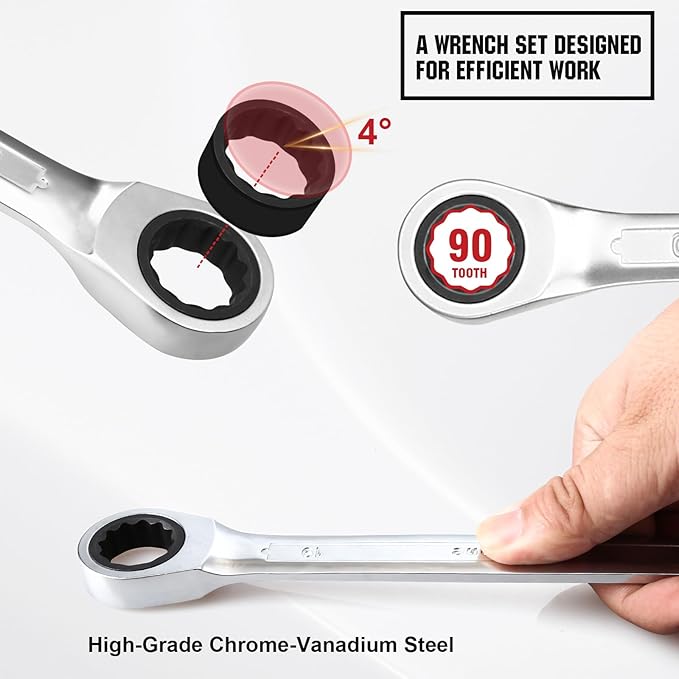 Ratcheting Wrench Set with Organizer Box, 12 Point Wrench Se t, Cr-V Constructed