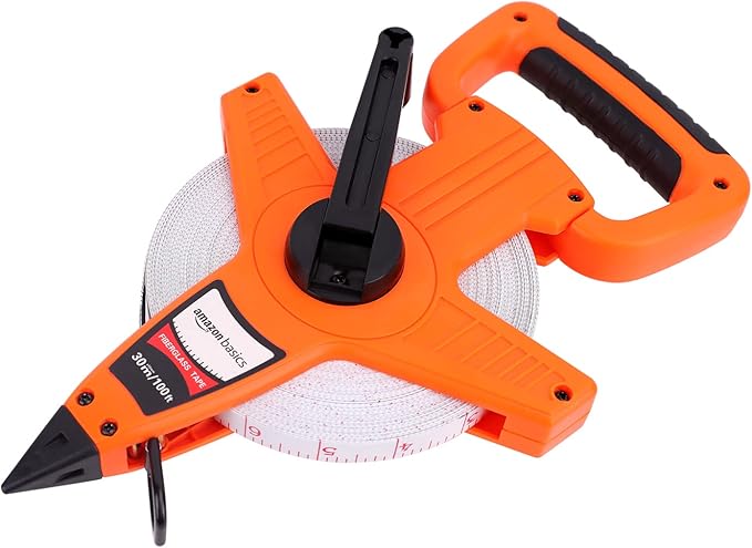 Amazon Basics Open Reel Fiberglass Measuring Tape, Inch/Metric Scale, Impact Resistant Shell, 100-feet (30-Meters) by 1/2-Inch, Orange
