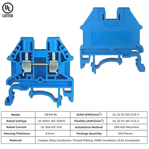 Dinkle Blue DK4N-BL DIN Rail Terminal Block Screw Type UL 600V 30A 10-22AWG, Pack of 100