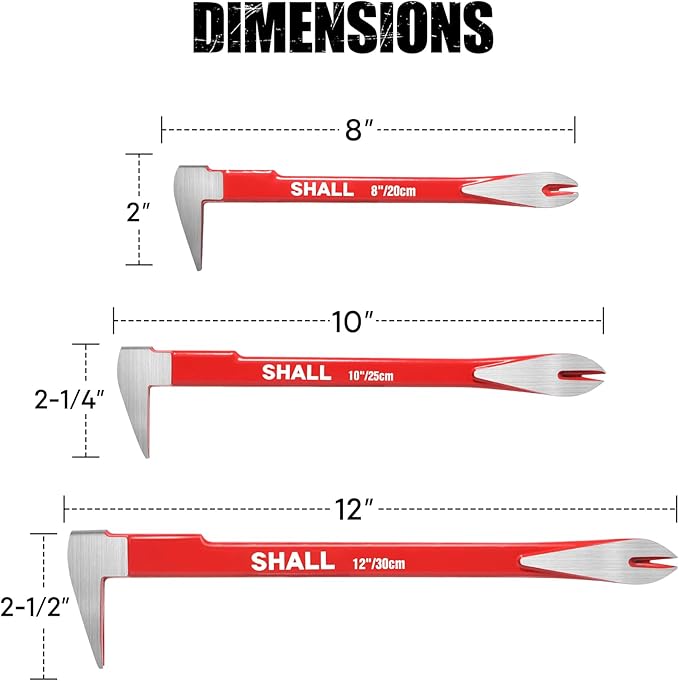 SHALL 3-Piece Nail Puller Tool Set, 12’’, 10’’, 8’’ - Heavy Duty & Mini Cats Paw Pry Bar, Utility Claw Bar, Wonder Bar, 40Cr Alloy Steel Crowbar Tool for Home Remolding & Woodworking