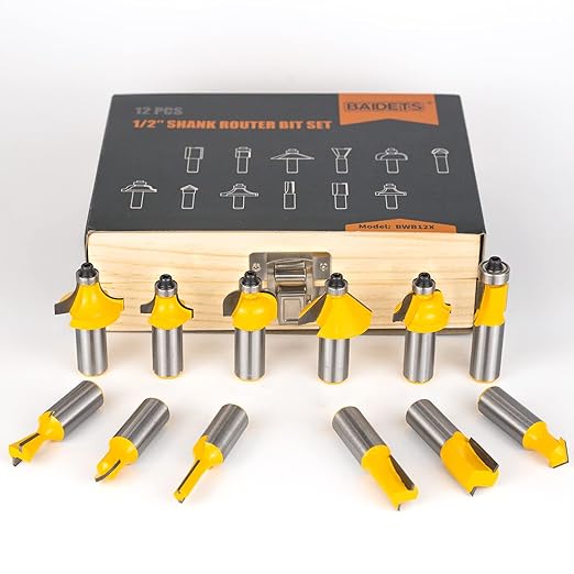 Router Bits Set 1/2 Inch Shank - BAIDETS 12 Pieces Tungsten Carbide Router Bits, Woodwork Tools