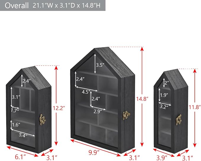 Ikee Design 3 Pcs Set Wall-Mounted House-Shaped Wooden Shadow Cubby Box Display - Image 2