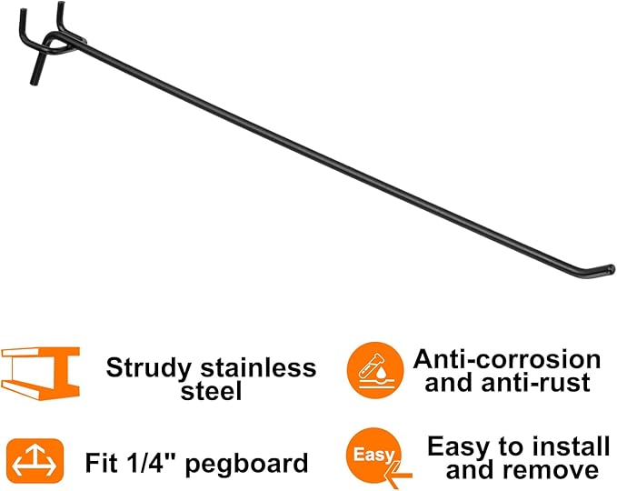 HARFINGTON 10pcs Pegboard Shelving Hooks 12" Stainless Steel Peg Board Display Hook Hanging Holders Wall Mount Organize Tools for Workbench Garage Kitchen Store, Black