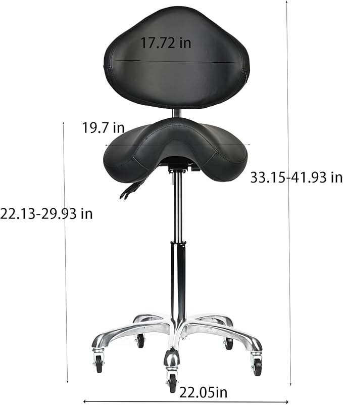 Saddle Stool Rolling Chair with Back Support Swivel Adjustable Height Ergonomic Thick Seat Cushion with Wheels for Nail Lash Tech Esthetician Tattoo Artist Salon Hair Cutting Stylist Black