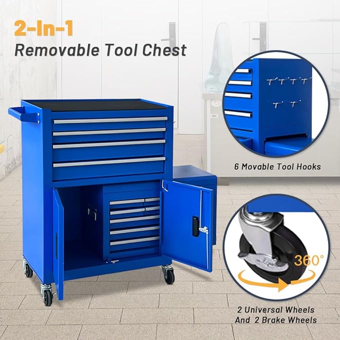 13 Drawers Rolling Tool Chest with Double Door Handle,Large Capacity Tool Storage Cabinet With Drawers, Locking Mechanical Tool Cart With Liner,Portable Tool Box For Repair Workhop (Blue)