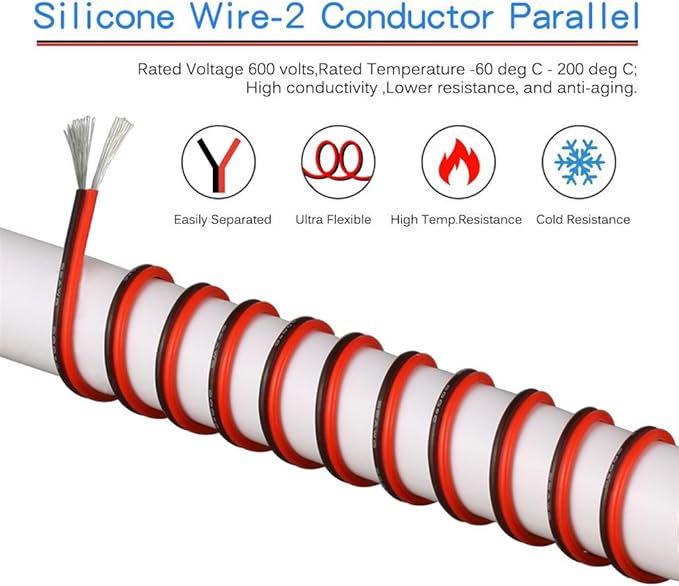 BNTECHGO 20 Gauge Flexible 2 Conductor Parallel Silicone Wire Spool Red Black High Resistant 200 deg C 600V for Single Color LED Strip Extension Cable Cord,Model,500ft Stranded Tinned Copper Wire