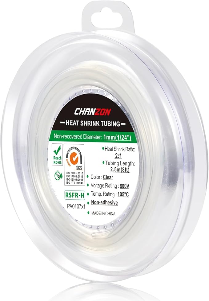 Chanzon 2:1 Ratio 1/24" (1mm) Heat Shrink Tubing 8Ft Roll (2.5M Total Length) Clear/Transparent Polyolefin Sleeving Wrap Shrinking 2 to 1 1pcs