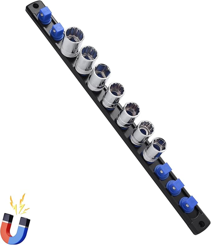 1/2-Inch Drive Magnetic Socket Organizer, Heavy Duty Aluminum Socket Rail Organizer, 360° Swivel Clips Socket Holder Kit for Tool Box, 1/2-Inch Socket Holder x 12 Clips (Blue)
