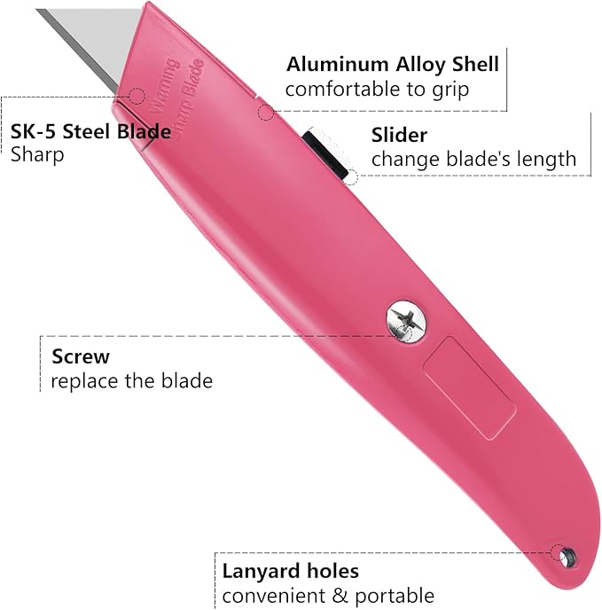 DIYSELF 2Pack Utility Box Cutter Retractable Blade Heavy Duty, Box Opener for Boxes and Cartons, Aluminum Shell, Cardboard Cutter Knife (Pink)