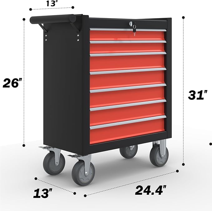 7-Drawer Rolling Tool Chest,Metal Rolling Tool Chest with Wheels and Locking Tool Box,Portable Metal Tool Box for Warehouse,Garage, Repair Shop, Workshop (Blackred, 7-Drawer)