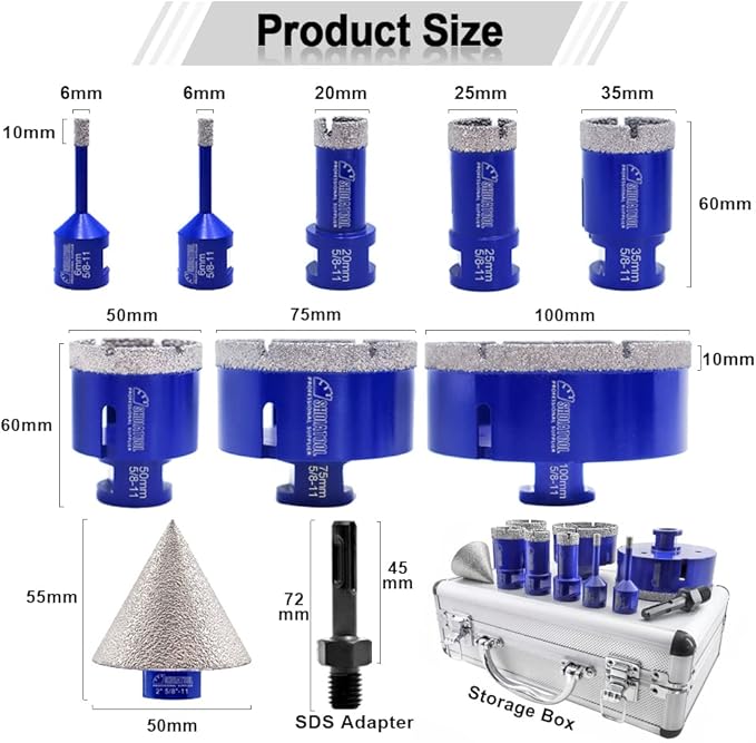 SHDIATOOL Diamond Tile Drill Bits Set,Porcelain Hole Saw, Cutter for Marble Ceramic Granite 10pieces(6/6/20/25/35/50/75/100mm/2 inch)