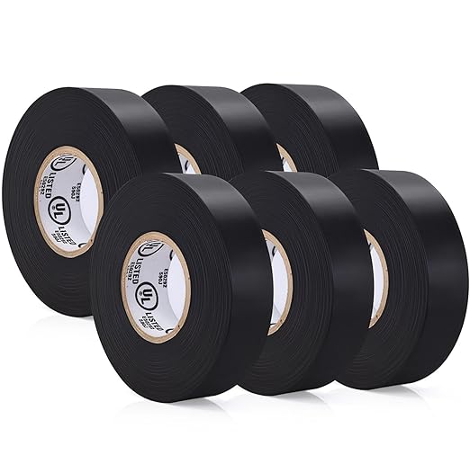 Black Electric Tape - Professional Grade - 3/4 inch x 66ft - PVC Electrical Insulating Tape for All Weather - U/L Approved - Waterproof - Home Improvement Electrical Equipment - Pack of 6