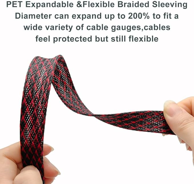 PET Expandable Braided Sleeving Wire Loom 1/8 Inch Cable Wrap Cable Sleeve Wire Protector Sleeve Tubing 100Feet, Red&Black