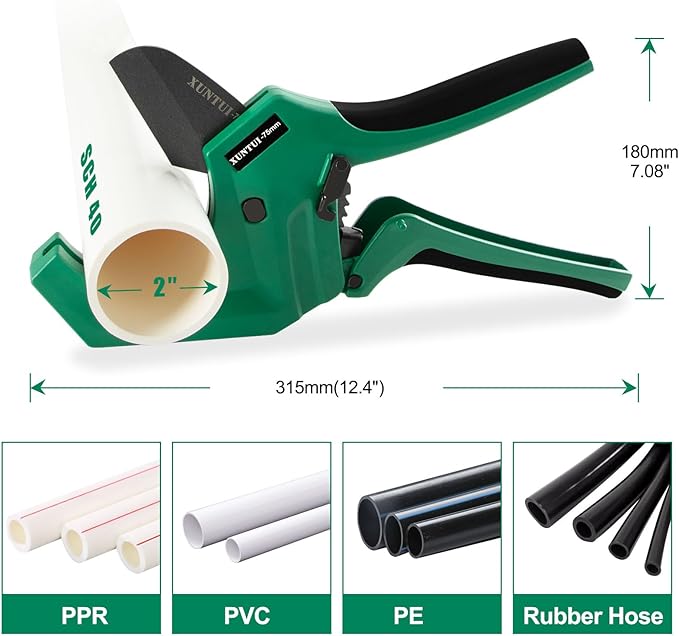 Ratcheting PVC Pipe Cutter- for up to 3-inch OD(Sch 40/80 Pipe) | SKD5 Steel Blade | Professional Plumbing Tool for DIY, Gardening，Plumber(Dark Green,75MM)