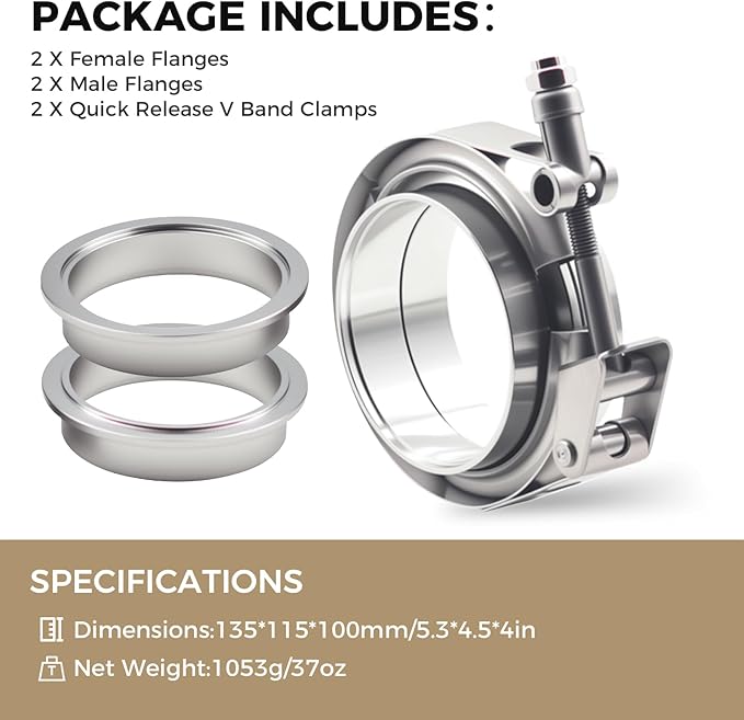 2 Pack 2.5 Inch V Band Clamp Kits - Quick-Release with Male/Female Flanges, 304 Stainless Steel, Leak-Resistant Interlocking Design for Exhaust, Turbo, Downpipe, Intercooler Piping (2, 2.5in)