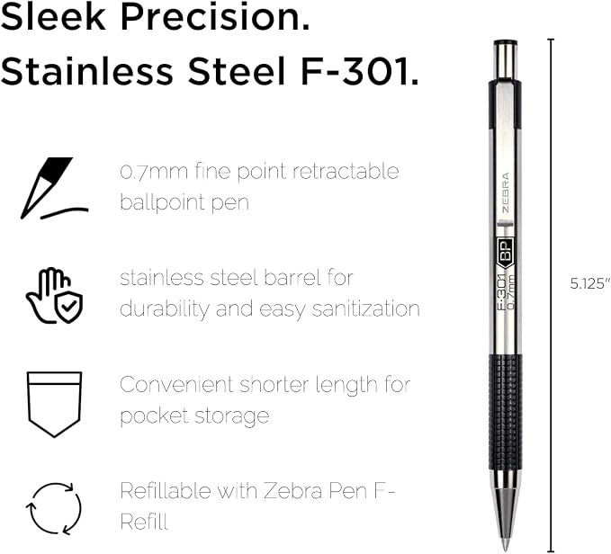 Zebra Pen F-301 Ballpoint Black and Blue Ink Fine Point 0.7mm Stainless Steel - Image 2