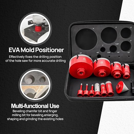 Diamond Core Drill Bit Set - 12pcs (6/6/8/20/25/35/50/75/100mm+20mm Finger Milling Bit+50mm Beveling Chamfer Bit+SDS) Diamond Hole Saw Kit for Porcelain Ceramic Tile Marble Granite