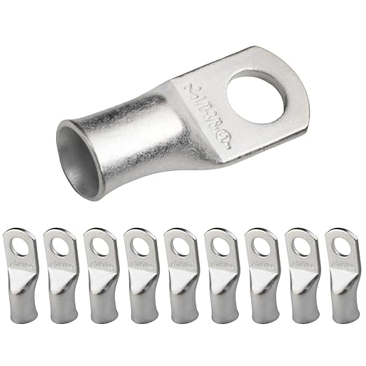 SELTERM 10pcs 1/0 AWG-3/8 Stud Tinned Copper Wire Lugs, Heavy Duty Battery Cable Ends,0 Gauge Ring Terminals, UL Battery Lugs Marine Grade Copper Eyelets Electrical Battery Terminal Connectors
