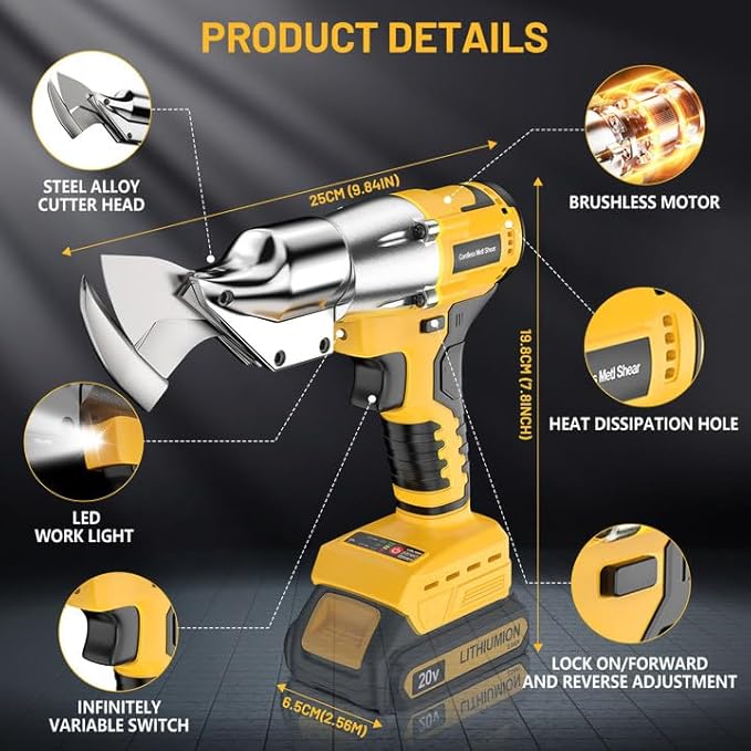Cordless Sheet Cutter for DE-WALT 20V Max Battery, Electric Metal Shears with 360° Pivoting Head, Maximum Torque 221 Ft-Lbs, Brushless Scissors for Stainless Steel, Metal, and Iron Cutting（Tool Only）