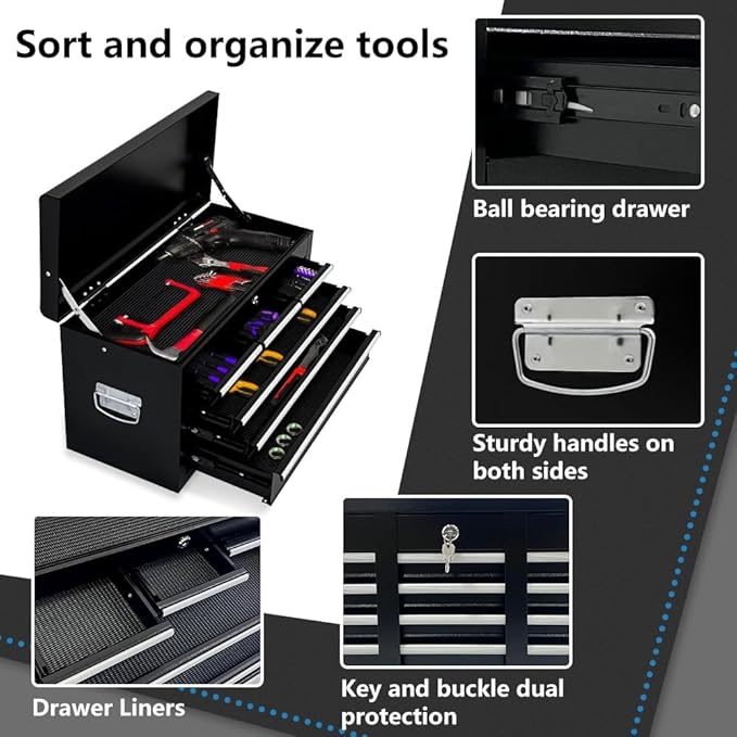 8-Drawer Rolling Tool Chest with Wheels - High Capacity Tool Cabinet with Detachable Top Toolbox for Garage and Workshop Organization - Metal Tool Cart with Liner & 6 Hooks, Black