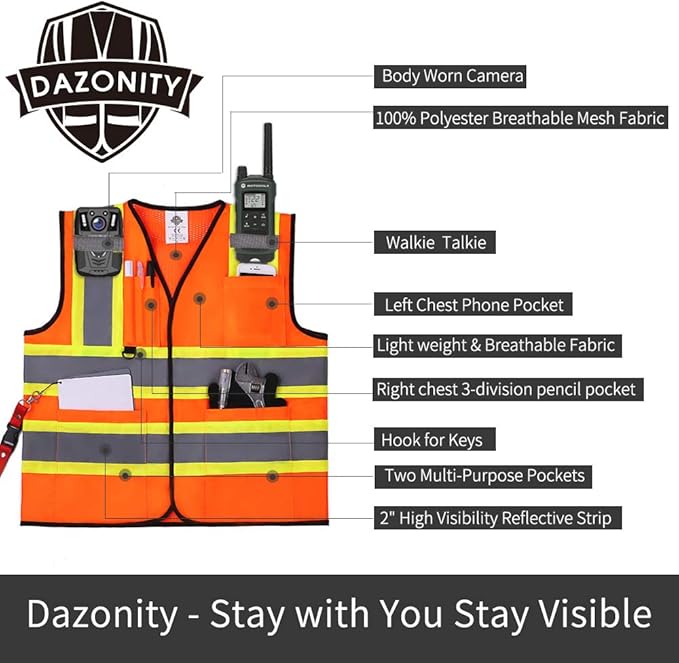 Dazonity Safety Vest with Multi-Pockets,2pcs,Reflective & High Visibility for Work,Construction,Parking,Warehouse,Orange