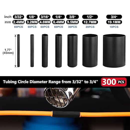 Chanzon 300 Pcs Heat Shrink Tubing Kit, 3:1 Black Sleeving Heat Shrink Wrap Tubing with Length 1.77" (inch), Marine Grade Electrical Waterproof Polyolefin Heat-Shrink Tube