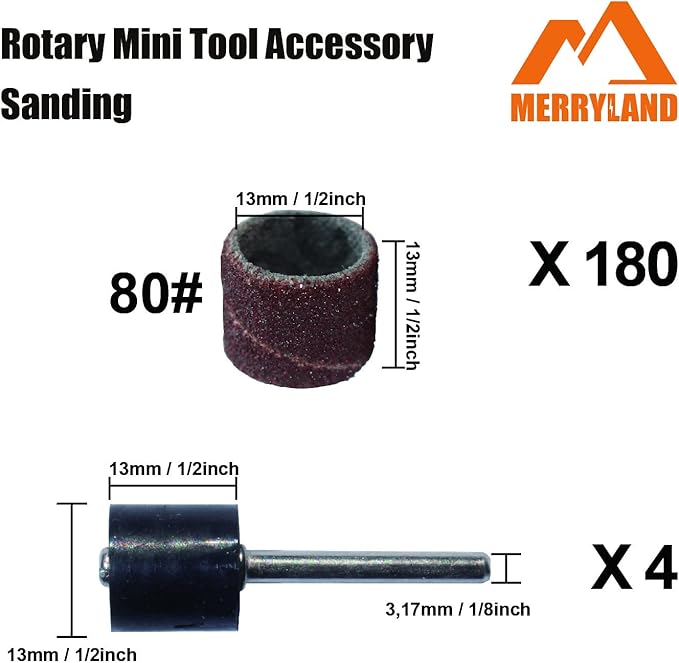 Merryland Drum Sander Sanding Band for Dremel 184pcs, 80# 1/2" Sanding Sleeve 180pcs and Mandrel 4pcs Rotary Tool, Electric Power Tool Accessory DIY, RMTA184C1