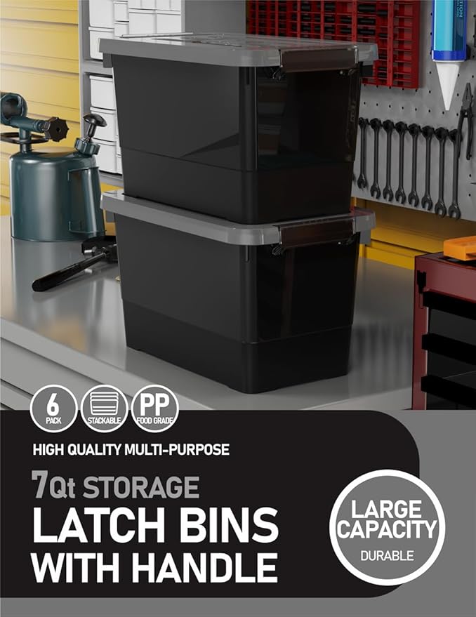 WYT 7 Quart Storage Bins with Lids and Latch, 6-Pack Stackable Plastic Organizing Box with Buckle and Handle, Durable Nestable Totes Containers (Black/Grey)
