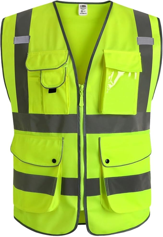 JKSafety 20 Pack 9 Pockets Class 2 High Visibility Zipper Front Safety Vest With Reflective Strips,Meets ANSI/ISEA Standard (Medium, 156-Yellow)