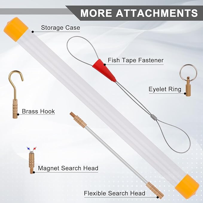 22FT Fiberglass Running Electrical Wire Cable Pulling Fish Tape kit in a Carrying Case Through Wall Cable Snake Rods Electrical Tools Kit with Different Attachments