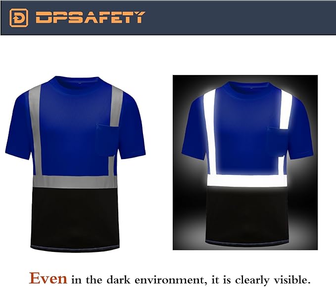 High Visibility Shirts Quick Dry Safety T Shirts with Reflective Strips and Pocket Short Sleeve Mesh Hi Vis Construction Work Class 2 Shirt for Men/Women Black Bottom Blue,3XL
