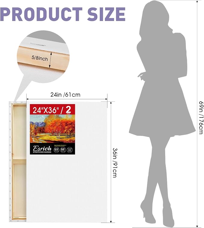 ESRICH Stretched Canvas for Painting 24x36 Inch, 2 Pack Large Canvas for - Image 2
