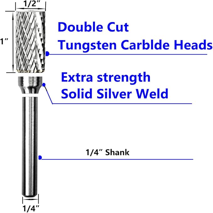 Carbide Burr Set 1/4" Shank SB-5 Die Grinder Bits Tungsten Double Cut Burr Bits (1/2" Cutter Dia X 1" Cutter Length) for Die Grinder Kits Metal Grinding Drilling Polishing (5pcs)