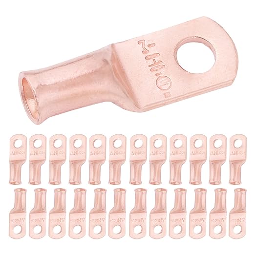 SELTERM 25pcs 8 AWG #10 Stud Battery Lugs, Ring Terminals, Heavy Duty Copper Wire Lugs, Battery Cable Ends, 8 Gauge Ring Terminal Connectors, UL Bare Copper Eyelets Electrical Battery Cable Lugs