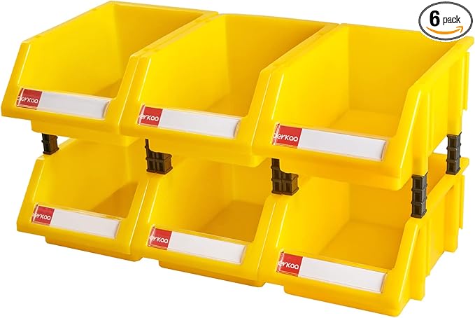 Plastic stackable storage bins tool storage bins for garage, workshop, office storage(Yellow,Pack of 6)