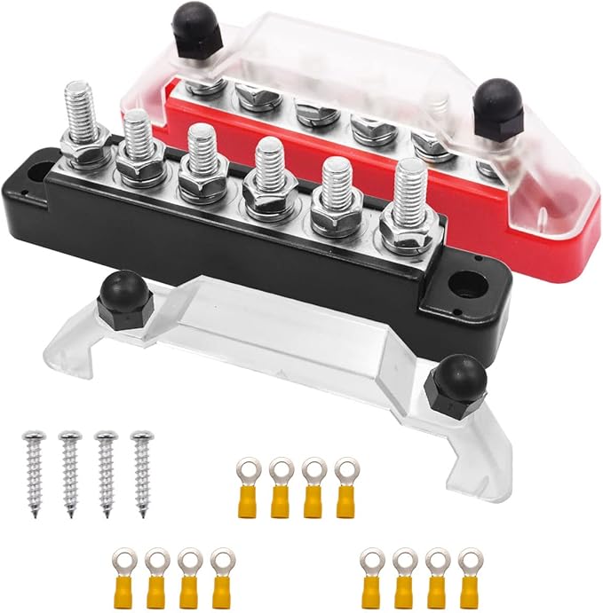 150A 12V-48V Bus Bar Marine Power Distribution Block with Cover with 6 x 1/4”Post,Battery Bus Bar (Pair,Red & Black),Automotive Busbars 12 Volt for Car Boat Solar Wiring