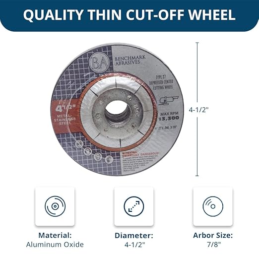 Benchmark Abrasives Grinder Cut Off Wheels 4 1/2 Inch Aluminum Oxide Depressed Center Thin Type 1 for Metals, .045" Thick 7/8" Arbor, Angle Grinder Cutting Disc, Grinding Cutting Wheel - 50 Pack