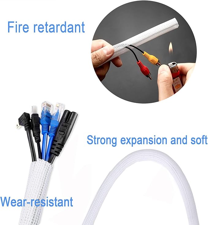 50ft 1 Inch White Cable Sleeve – Split Wire Loom Tubing Cord Protector – Flame Retardant Polyester Cable Management Wrap for Desk, TV, PC – Pet Chew Resistant & Easy to Cut