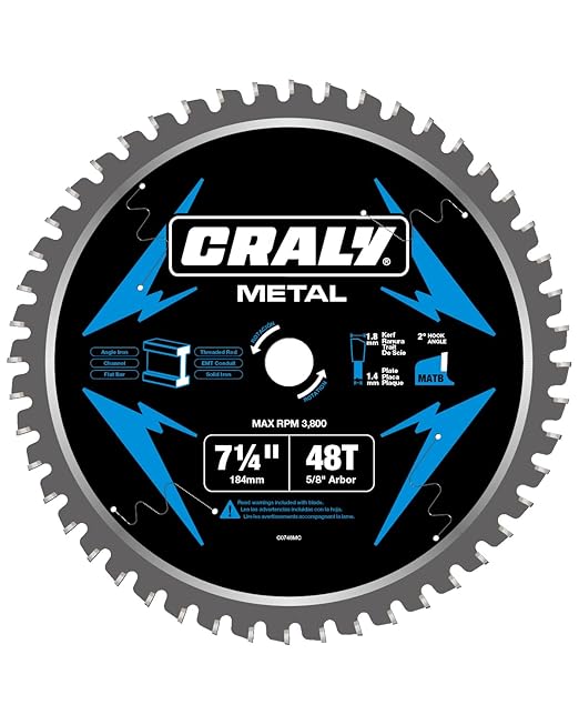 CRALY 7-1/4 Inch 48 Teeth Steel and Ferrous Metal Cutting Circular Saw Blade, 5/8 Inch Arbor, Thin Kerf, Professional Carbide Tipped Blade for Angle Iron, Threaded Rod, EMT Conduit(C0748MC)