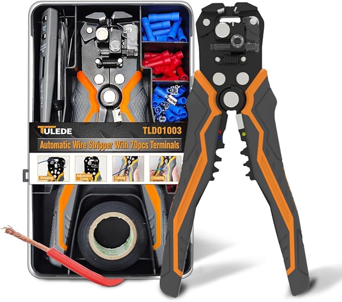 5 IN 1 Self-Adjusting Wire Stripper Kit, Automatic Wire Stripper for AWG 24-10, LED Voltage Detector Pen, 23 ft Insulating Tape, 99 Insulated Terminals and 25 Cable Ties